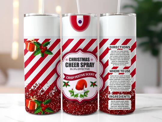 Discover Christmas Cheer Spray Bottle 20oz Skinny Tumbler Wrap, Funny Christmas Tumbler Wrap, Glitter Holiday. Tumbler  , Candy Cane Tumbler Wrap
