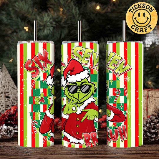 Discover Six Seven Bruh Funny Meme Christmas Hands 20 oz Skinny Tumbler Sublimation, Trendy Christmas 2025 Png, Funny Green Guy, Digital Design