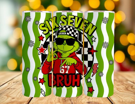 Discover Six Seven Bruh Funny Meme Christmas 20 oz Skinny Tumbler Png, Christmas 2025 Png, Funny Grincmas Png