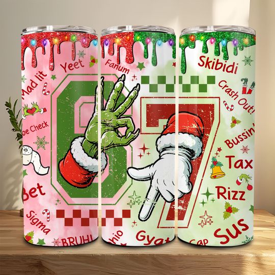 Discover Funny Christmas 67 Grinc Hand 20oz Tumbler Png, Funny Mean Guy Straight Tumbler, Viral 6 7 Joke Design, Trend 67 Xmas Tumbler, Distressed
