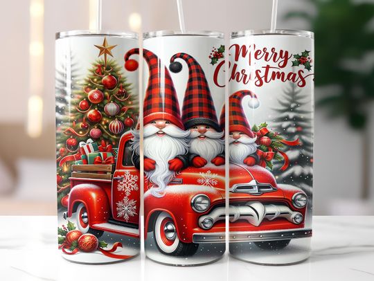 Discover Christmas Gnomes Tumbler Wrap, Holiday Tree 20oz Skinny Tumbler PNG, Red Truck Sublimation, Merry Christmas Design, Plaid Hats png