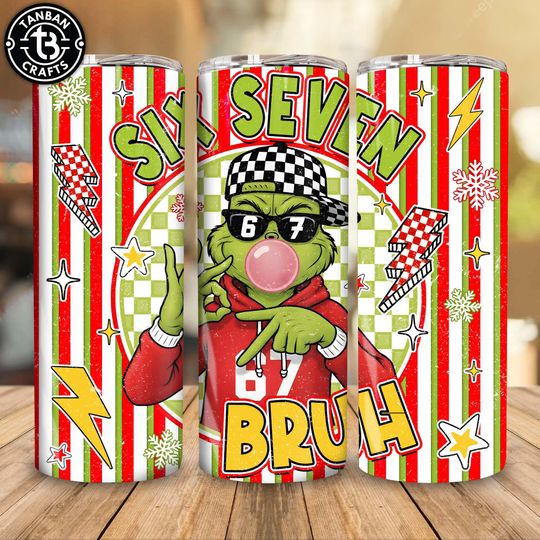 Discover Trendy Six Seven Bruh Funny Meme Christmas Hands 20 oz Skinny Tumbler Sublimation Design Png, Trendy Christmas 2025, Funny Green Guy Design