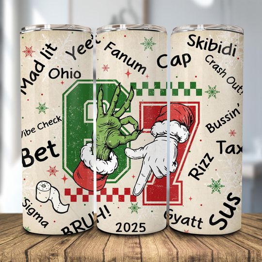 Discover Six Seven Funny Meme Christmas Hands 20 oz Skinny Tumbler  , Funny Mean Guy Christmas Tumbler, Viral 6 7 Joke Internet Sublimation Design