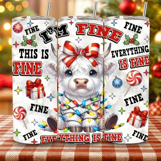 Discover Im Fine Christmas Highland Cow Tumbler Stainless Steel 20oz Skinny, Funny Holiday Anxiety Gift Cup, Cute Sarcastic Xmas Drinkware