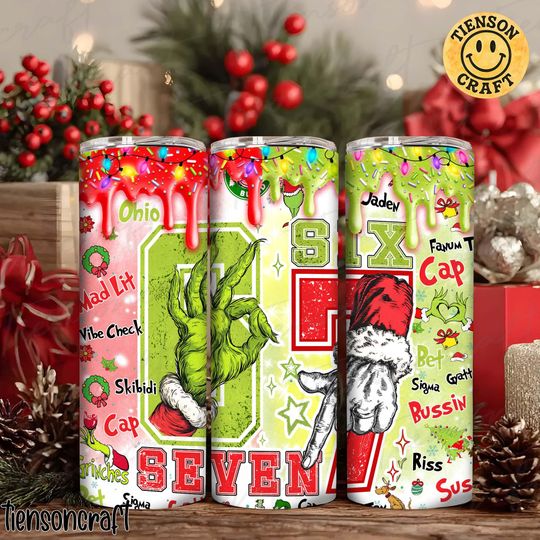 Discover Six Seven Bruh Funny Meme Christmas Hands 20 oz Skinny Tumbler Sublimation  , Trendy Christmas 2025  , Funny Green Guy