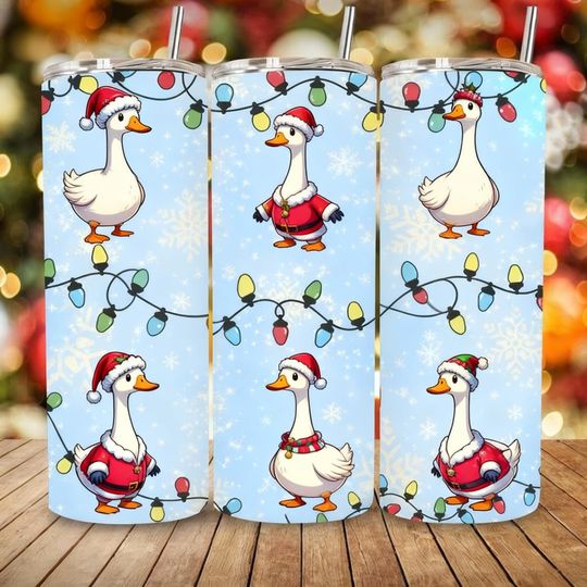 Discover Funny Christmas Goose 20oz Stainless Steel Tumbler, Cute Santa Goose Cup with Holiday Lights, Festive Winter Coffee Lover Gift