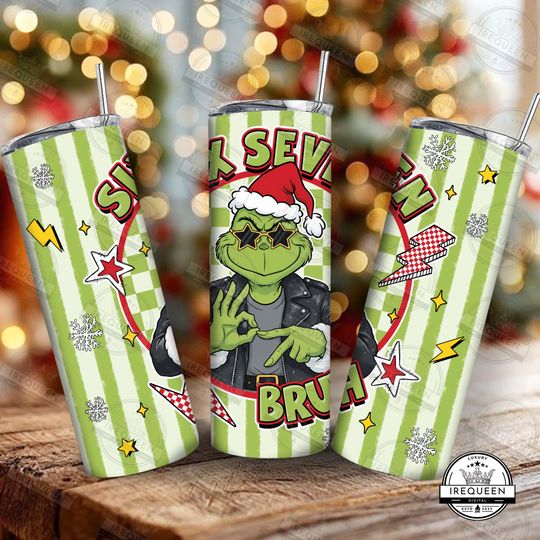 Discover Six Seven Bruh Funny Meme Christmas Hands 20 oz Skinny Tumbler Sublimation Design  , Trendy Christmas 2025, Funny Green Guy