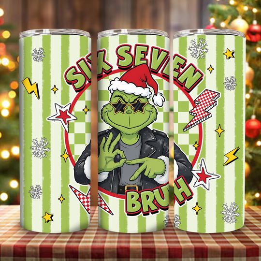 Discover Six Seven Bruh Funny Meme Christmas Hands 20 oz Skinny Tumbler Sublimation Design  , Trendy Christmas 2025, Funny Green Guy