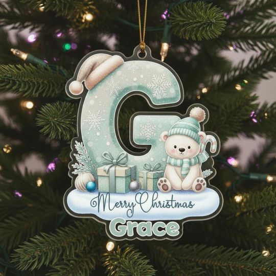 Discover Personalized Christmas Acrylic Ornament with Name and Initials Featuring Polar Bear for Kids 2025