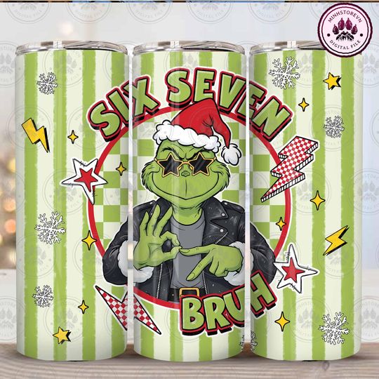 Discover Trendy Christmas 2025 png, Six Seven Bruh Funny Meme Christmas Hands 20 oz Skinny Tumbler Sublimation, Funny Green Guy, Instant Download