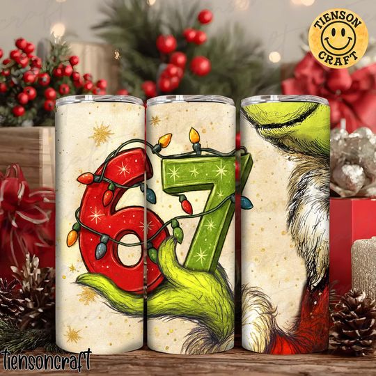 Discover Funny 67 Christmas Green Hand Skinny Tumbler, Six Seven Meme Png, Retro Christmas 20oz Wrap, Christmas Thief Png, Digital Design
