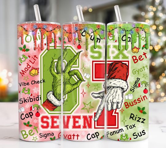 Discover Six Seven Bruh Christmas Hands 20oz Skinny Tumbler Png, Six Seven Meme Png, Christmas Green Guy 20oz Tumbler Wrap Png, Trendy Xmas 2025 Png
