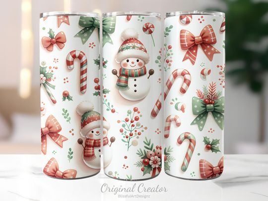Discover Coquette Christmas Tumbler Wrap, 20oz Skinny Tumbler Sublimation Design, Christmas Snowman Candy Cane And Bows Tumbler, Digital Download
