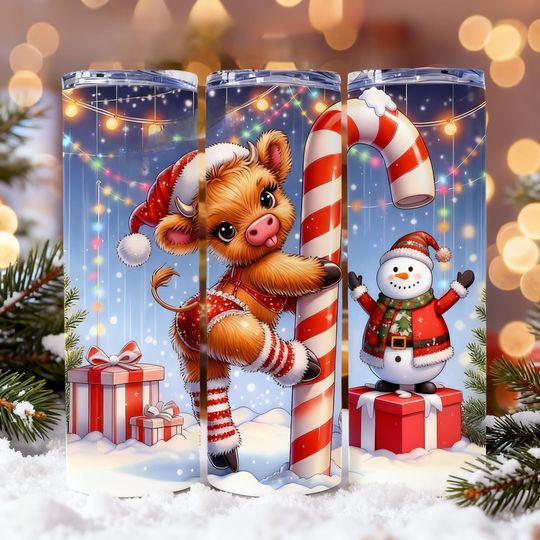 Discover Cute Highland Cow Christmas Tumbler, 20oz Candy Cane Cow Cup with Snowman & Gifts, Festive Holiday Winter Drinkware for Xmas Lovers