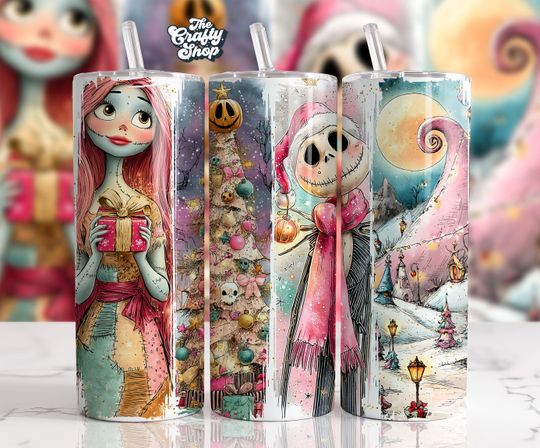 Discover Spooky Christmas Couple 20oz Tumbler Wrap  , Seamless Gothic Holiday Cup Sublimation, Watercolor Nightmare Winter Town