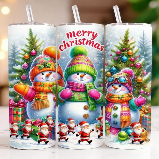 Discover Merry Christmas Snowman Tumbler, Colorful Winter Holiday Cup with Santa & Gifts, Festive Christmas Tree Tumbler Gift for Xmas Lovers