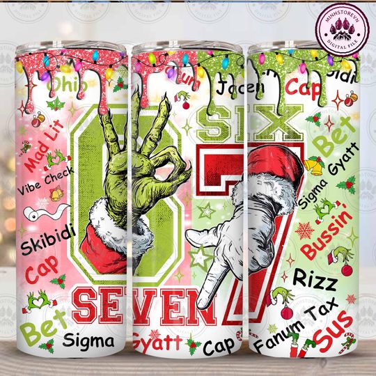 Discover Six Seven Bruh Funny Meme Christmas Hands 20oz Skinny Tumbler Wrap Sublimation  , Trendy 2025  , Funny Green Guy
