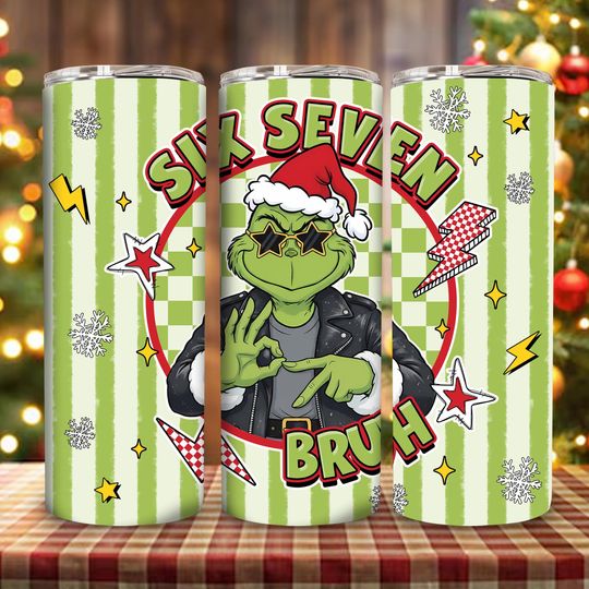 Discover Six Seven Bruh Funny Meme Christmas Hands 20 oz Skinny Tumbler Sublimation Design  , Trendy Christmas 2025, Funny Green Guy
