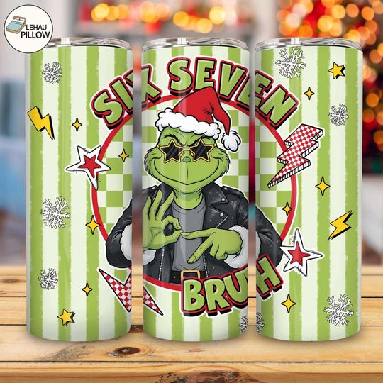 Discover Six Seven Bruh Funny Meme Christmas Hands 20 oz Skinny Tumbler Sublimation Design  , Trendy Christmas 2025  , Funny Green Guy Design