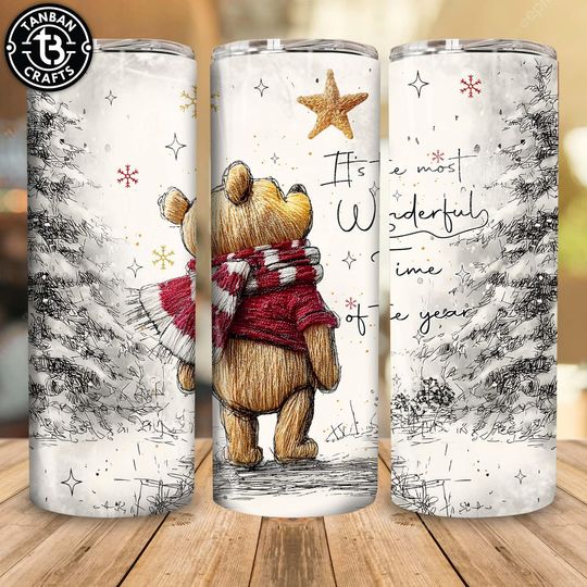 Discover Retro It's the Most Wonderful Time of the Year Tumbler Wrap  , Cartoon Bear And Friends Character Christmas 20oz Skinny Tumbler Wrap