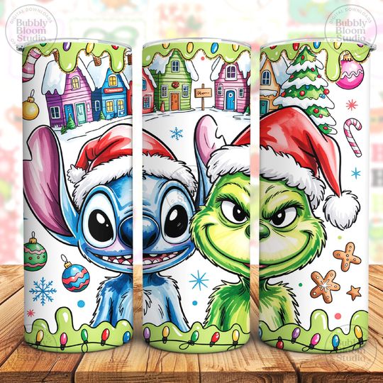 Discover Blue Alien & Green Guy Christmas 20oz Tumbler Wrap  , Cute Holiday 67 Cartoon Design, Festive Winter Character Skinny Wrap Sublimation
