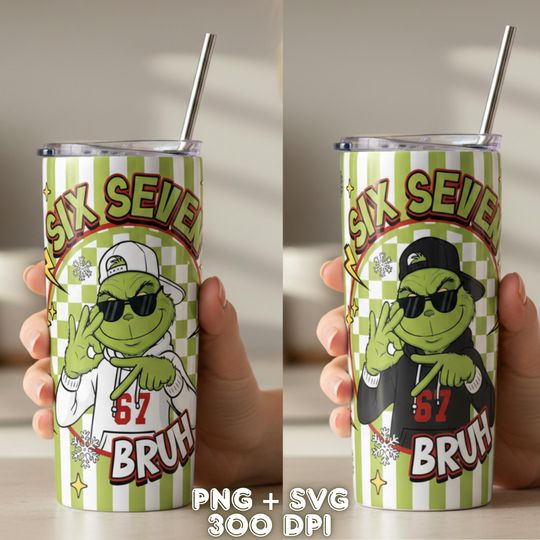Discover Six Seven Bruh Bundle Funny Meme Christmas Hands 20 oz Skinny Tumbler Sublimation Design, Funny Green Guy Design, Trendy Christmas 2025