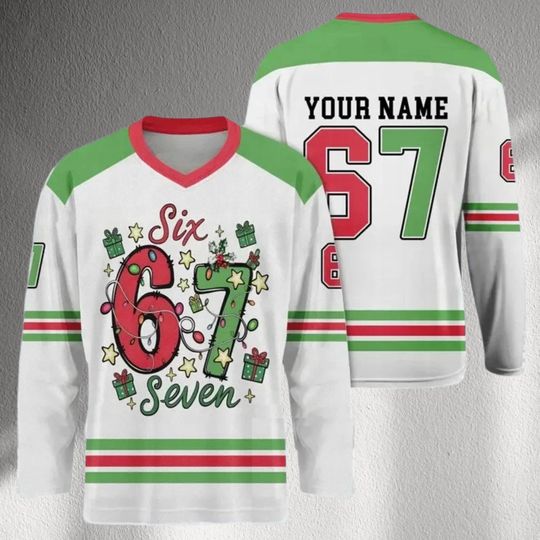 Discover Custom 67 Christmas Jersey, Personalized Six Seven Shirt, Festive Number 67 Top, Holiday Birthday Gift, Unisex Long Sleeve Hockey Style