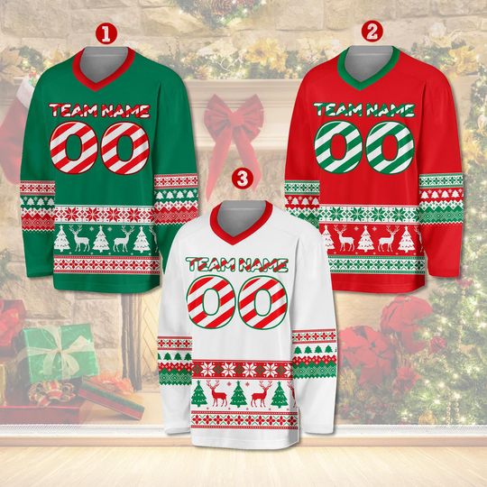 Discover Personalized Team Name And Number Christmas Hockey Jersey, Custom Ice Hockey Jersey Adult Kid Youth, Candy Cane Sportswear, Ugly Xmas Jersey