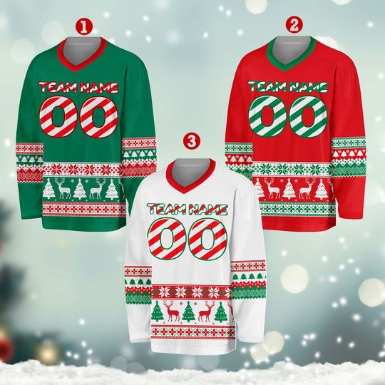 Custom Christmas Hockey Jersey, Personalized Holiday Team Shirt, Candy Cane Sportswear, Funny Ugly Xmas Top, Hockey Christmas Gift Outfit