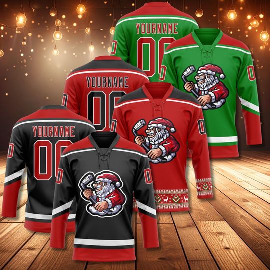Discover Personalized Santa Hockey Jersey, Custom Name & Number, Ugly Christmas Sweater Style