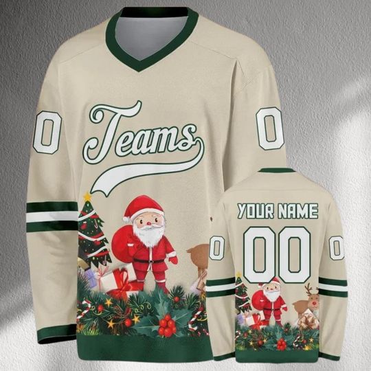 Discover Custom Christmas Hockey Jersey, Personalized Name Number Santa Claus Holiday Team Shirt, Beige Festive Unisex Gift Sweater Top for Adults