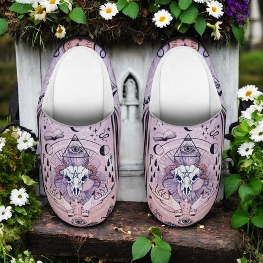 Discover Women's Indoor Slippers, Witchy Moon Skull Mystic Eye Occult House Shoes, Pagan Gothic Tarot Skull Slip-Ons