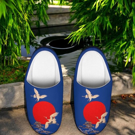 Discover Women's Japanese Crane Slippers - Red Sun Asian Art House Shoes - Ukiyo-e Style Indoor Slippers , Cultural Gift Idea, Iconic Japan style