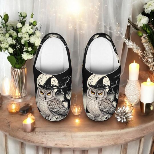 Discover Womens Witch Owl Slippers, Cozy Indoor House Shoes with Full Moon and Magic Night Design, Gothic Pagan Gift for Her