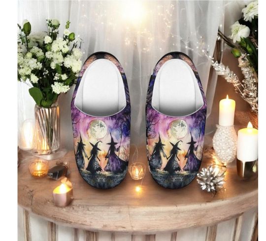Discover Witchy Halloween Slippers for Women, Gothic Witches Full Moon Design, Cozy Fall House Shoes, Spooky Indoor Slip On Footwear