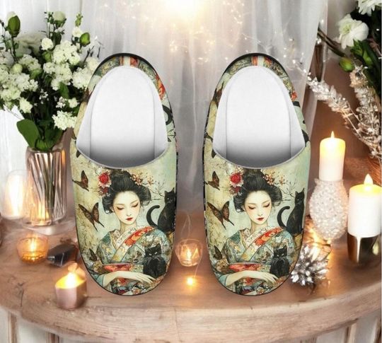 Discover Geisha Black Cat House Slippers, Japanese Kimono Art Indoor Shoes, Cozy Mystical Butterfly Slippers, Asian Style Unique Gift For Women