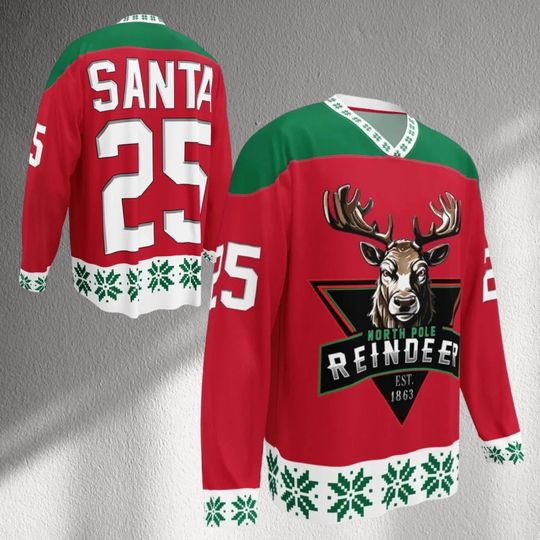 Santa 25 North Pole Reindeer Christmas Hockey Jersey, Red Green Ugly Sweater Style Long Sleeve Unisex Holiday Team Shirt Gift Jersey