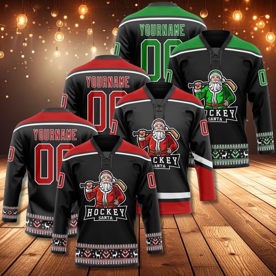Discover Personalized Santa Hockey Jersey, Custom Name & Number, Christmas Team Gift