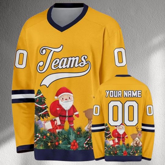 Discover Custom Christmas Hockey Jersey, Personalized Team Name, Santa Claus Gifts Graphic, Your Name and Number 00 Holiday Sweater Style Top