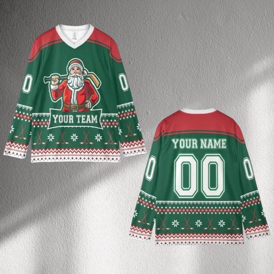 Discover Custom Christmas Hockey Jersey, Green Red Santa Team Shirt, Personalized Name Number 00, Ugly Sweater Style Holiday Party Game Top