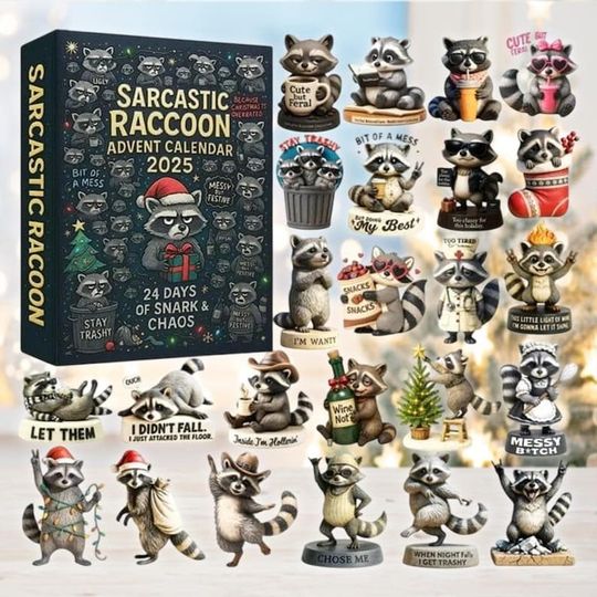Sarcastic Raccoon Advent Calendar 2025, Funny Animal Figures, Christmas Countdown Gift, Snarky Xmas Decor, Adult Humor Gift