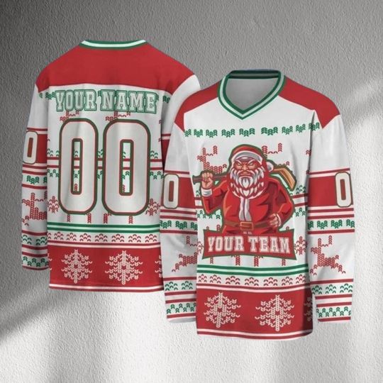 Discover Custom Christmas Hockey Jersey, Ugly Sweater Style Santa Team Shirt, Personalized Name Number, Red White Green Holiday Unisex Team Top