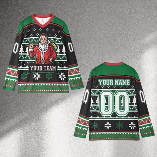 Discover Custom Christmas Hockey Jersey, Ugly Sweater Style, Personalized Team Name, Player Name and Number, Santa Claus Holiday Team Shirt Top