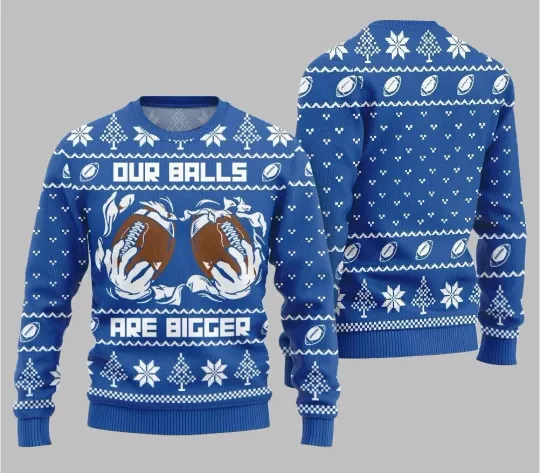 Discover 2025 Our Balls Are Bigger Football Inspired Ugly Christmas Sweater