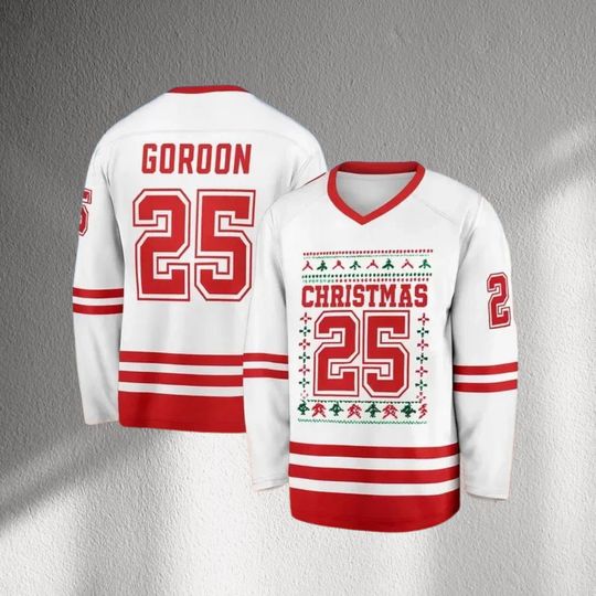 Custom Name Christmas 25 Hockey Jersey, White Red Ugly Sweater Style Shirt, Personalized Holiday Team Top, Unisex Winter Party Gift