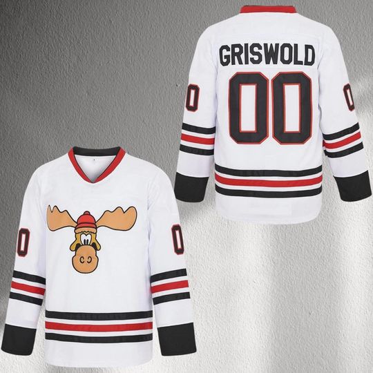 Discover Griswold 00 Moose Hockey Jersey, Funny Christmas Sweater Style Top, Unisex Long Sleeve White Red Black Shirt, Holiday Party Gift Outfit