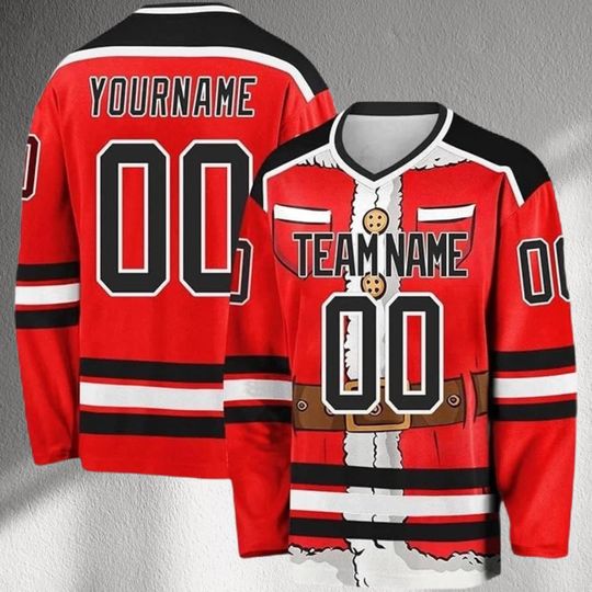 Custom Santa Hockey Jersey, Personalized Team Name & Number Christmas Shirt, Ugly Xmas Party Top, Unisex Red Holiday Sports Sweater