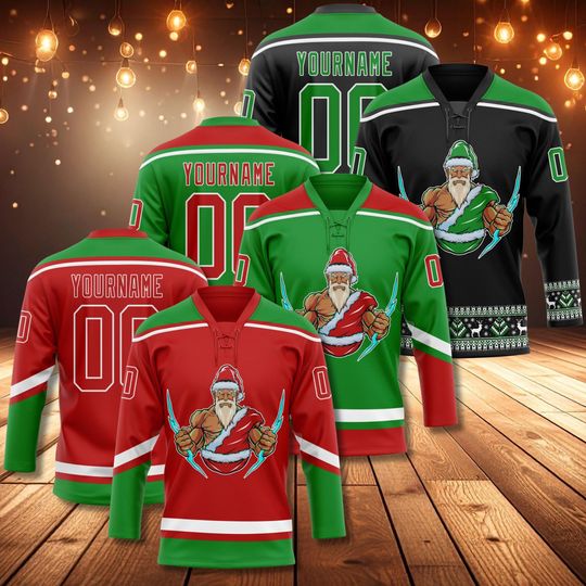 Discover Personalized Santa Hockey Jersey, Custom Name Number, Christmas Team Gift Sweater
