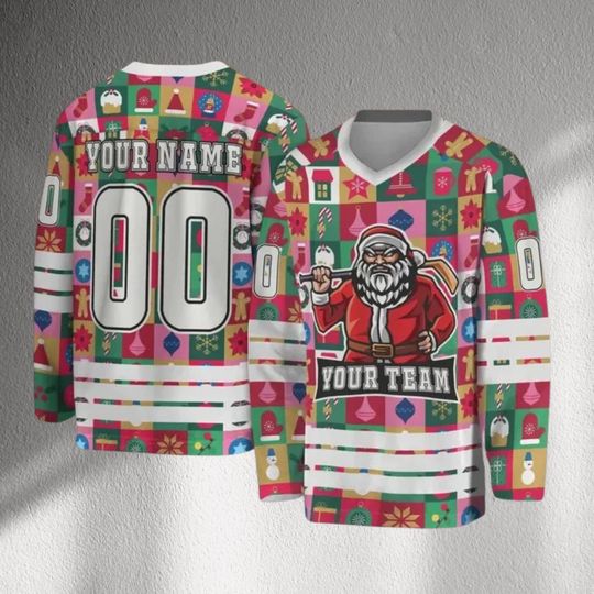 Discover Custom Christmas Hockey Jersey, Ugly Sweater Style Santa Team Shirt, Personalized Name Number 00, Holiday Game Night Party Outfit Top