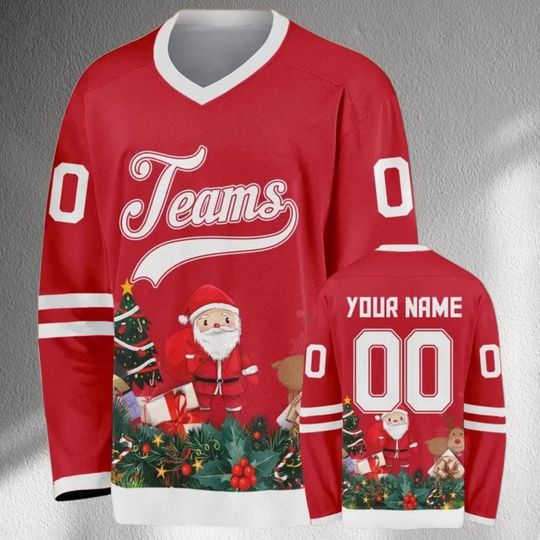 Custom Name Christmas Hockey Jersey, Santa Teams Red Holiday Shirt, Personalized 00 Number Team Xmas Party Festive Top Sweater Style